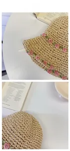Detail of hand-woven straw hat with exquisite pink floral embroidery and hollow texture