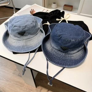 Washed denim outdoor sun hat for women with adjustable windproof cord and logo
