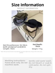 Outdoor sun hat size guide showing brim dimensions and adjustable chin strap details