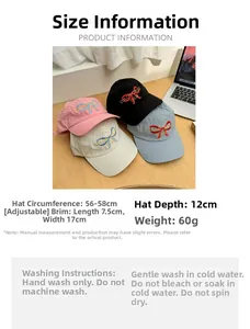 Detail of baseball caps with bow embroidery and adjustable strap in four soft colors