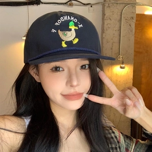 Navy blue baseball cap featuring cartoon duck embroidery and vintage rope detail for women
