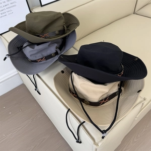 Unisex Outdoor Wide Brim Sun Hat With Adjustable Wind Rope Leather Strap Decorative Cowboy Bucket Hat For Hiking Fishing