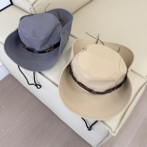 Outdoor wide brim sun hats in grey and beige with windproof chin straps and snap buttons
