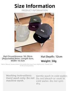 Detailed size chart for quick-dry 5-panel short brim baseball cap with outdoor mountain logo