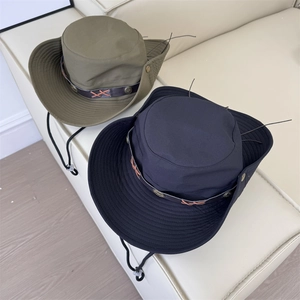 Outdoor sun hats in olive green and navy blue with wide brim and adjustable wind rope