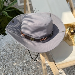 Outdoor wide brim sun hat in greyish purple with leather band and windproof cord