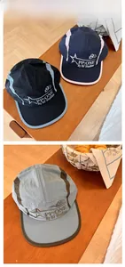 Detailed embroidery logo on a five-panel quick-dry baseball cap in outdoor setting