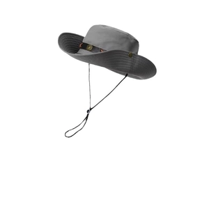 Gray wide brim outdoor sun hat with adjustable chin strap and faux leather buckle