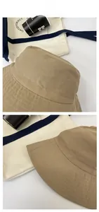 Detail of khaki cotton bucket hat with reinforced brim stitching and flat top design
