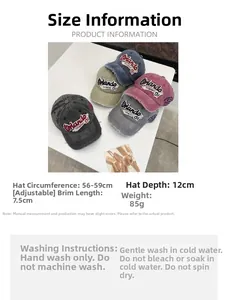 Detailed size chart for vintage washed denim baseball cap with adjustable strap and dimensions
