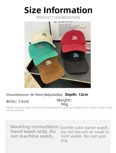Detailed size chart for corduroy baseball cap with adjustable strap and measurements