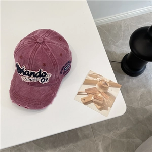 Retro distressed purple washed denim baseball cap with vintage embroidery and wide brim