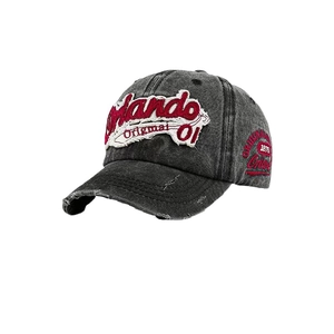 Vintage washed denim baseball cap with Orlando embroidery and distressed brim details