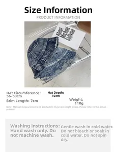 Size guide for denim bucket hat showing dimensions of 56-58cm brim and washing instructions