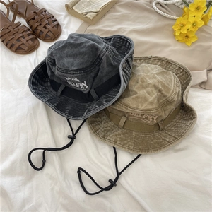 Chapeau de soleil vintage en coton délavé à large bord avec cordon de serrage réglable