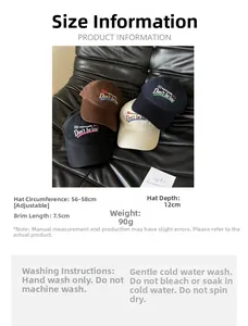 Detailed size chart and washing instructions for vintage brown cotton baseball cap