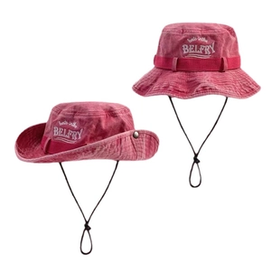 Chapeau de randonnée en coton rose délavé avec cordon coupe-vent et broderie élégante