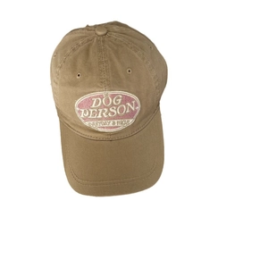 Vintage khaki baseball cap with pink Dog Person embroidery and retro curved brim