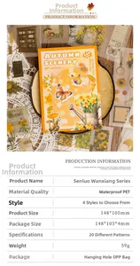 Detail view of vintage PET stickers featuring autumn scenery and product specifications