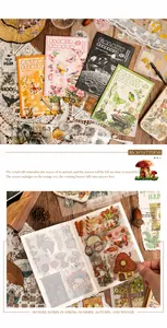 Close-up of vintage aesthetic scrapbooking stickers with floral and forest motifs on a table