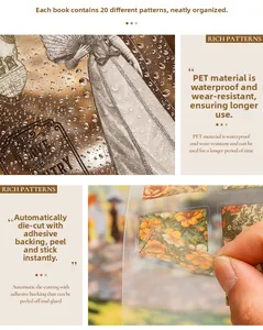 Detail of waterproof PET vintage stickers showing peel-off backing for scrapbooking