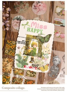 Detail of vintage PET decorative stickers featuring floral and butterfly motifs on wood
