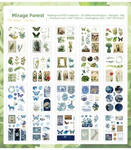 Matrix layout of 20 large PET vintage stickers featuring forest and butterfly motifs