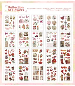 Detailed grid view of 20 vintage floral PET stickers with waterproof material and butterfly motifs
