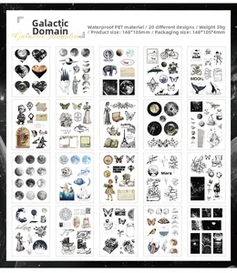 Flat lay of 20 vintage PET stickers featuring galaxy, moon, and retro botanical designs