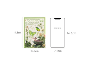 Detailed size comparison of 14.8x10.5cm vintage forest sticker book against an iPhone 12