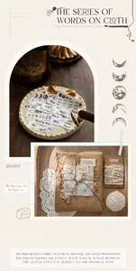 Macro view of vintage fabric labels for scrapbooking with black text and frayed edges