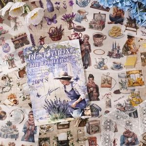 Retro aesthetic stickers with floral and lifestyle illustrations for scrapbooking and collage