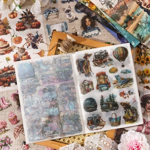 Vintage scrapbooking sticker set with 20 pieces featuring retro travel and floral themes