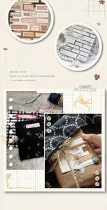 Close-up of vintage fabric label stickers with English phrases for DIY scrapbooking