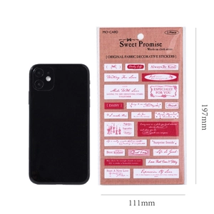 Detail showing various fabric texture stickers with English phrases and size reference
