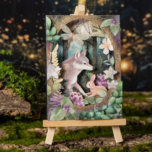 3D-Waldpapierhandwerk mit Wolf und Kaninchen auf Mini-Holzstaffelei für DIY-Deko