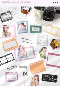 Detailopname van vintage anime stickers en filmframes op een witte kanten achtergrond