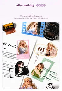 Close-up of anime girl stickers with pastel colors and film camera on a creative journal