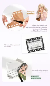 Detail showing waterproof PET film stickers with vintage frames and character illustrations