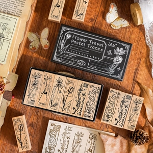 Vintage wooden flower stamps set for DIY journaling and crafts 6-piece box