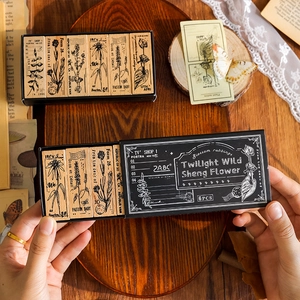 Set of 6 vintage wooden floral stamps for DIY scrapbooking featuring botanical designs