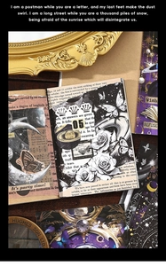 Detail of vintage aesthetics collage stickers featuring dark floral and celestial elements