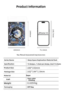 Size comparison of vintage space material pack and iPhone 14 with detailed specifications