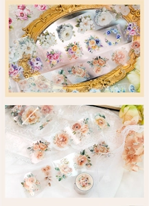 Détail macro du ruban adhésif PET vintage avec roses et pivoines pour décoration de journal