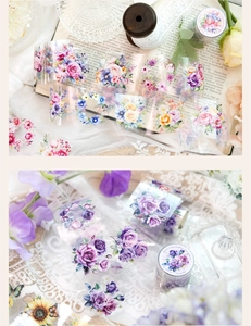 Détail macro du ruban PET floral vintage 50mm avec motifs de roses pour scrapbooking