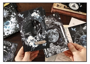 Macro view of vintage celestial scrapbooking paper with moon phases and astronomical motifs