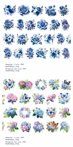 Detalle de cinta decorativa de PET con rosas azules y patrones florales de hortensias