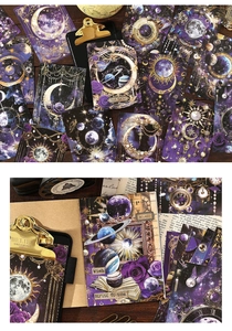 Artistic vintage space themed stationery pack with purple roses and golden celestial patterns