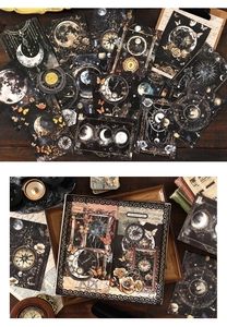 Macro view of vintage astronomy stickers with moon phases and celestial patterns on journals