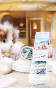 Close-up of Happy Kitten Diary washi tape featuring hand-drawn summer beach cat scenes